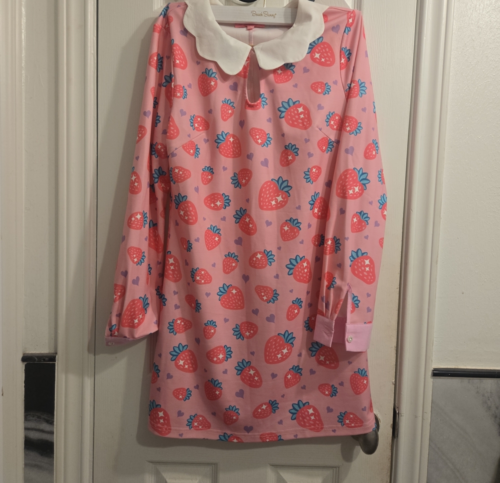 Sugar Thrillz Pink Strawberry Print Nightgown with White Scallop Collar